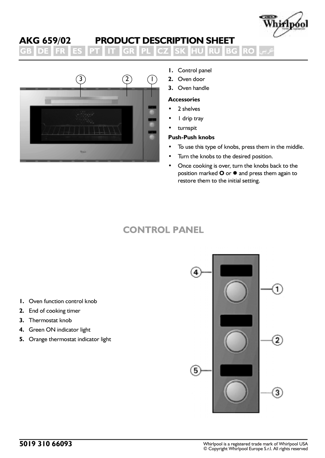 Whirlpool manual AKG 659/02 Product Description Sheet, Oven door, Accessories, Push-Push knobs 