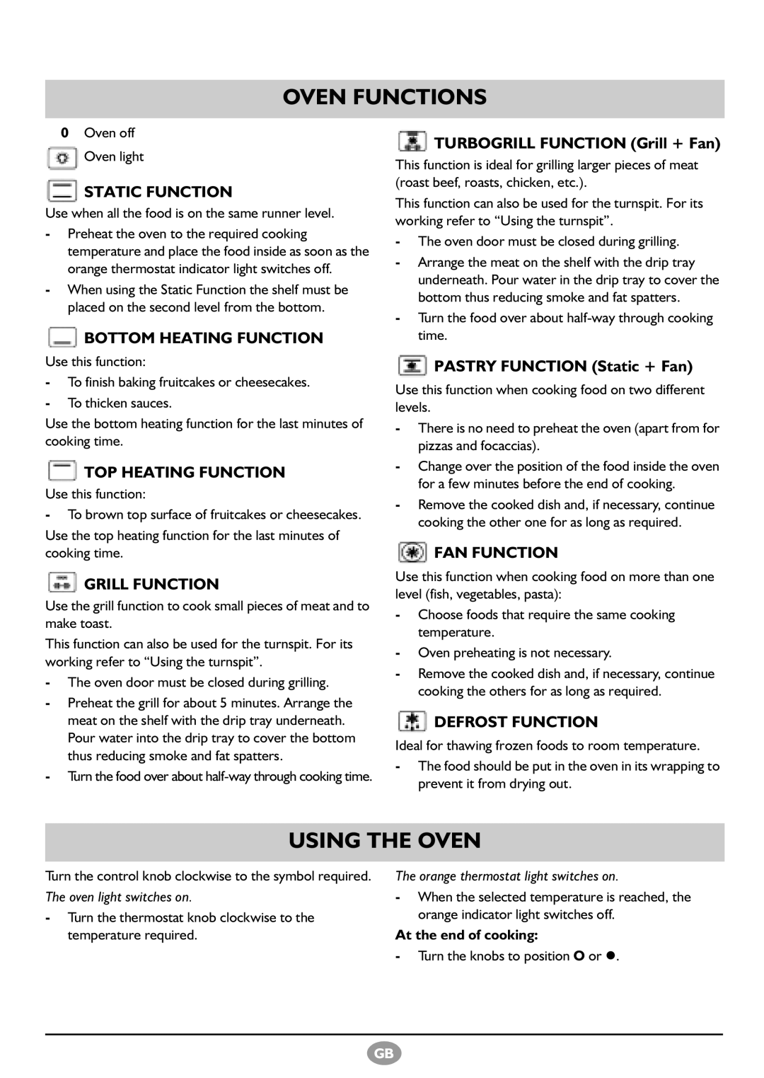 Whirlpool AKG 659/02 manual Oven Functions, Using the Oven, At the end of cooking 