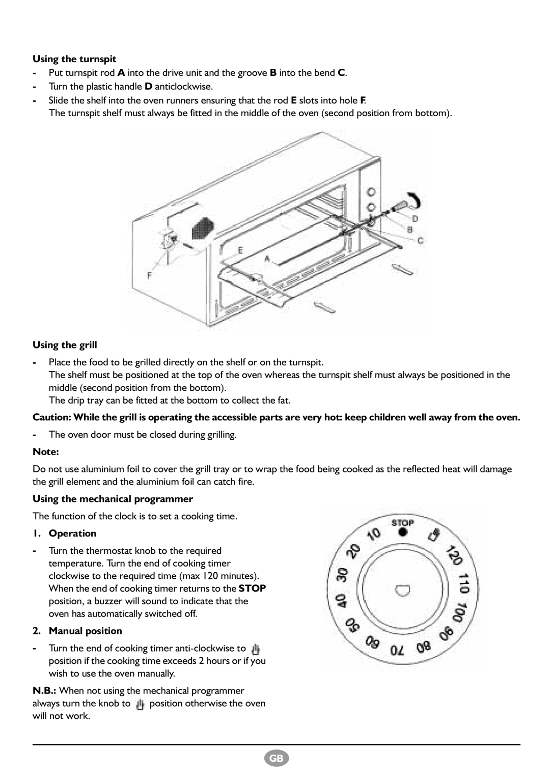 Whirlpool AKG 659/02 Using the turnspit, Using the grill, Using the mechanical programmer, Operation, Manual position 