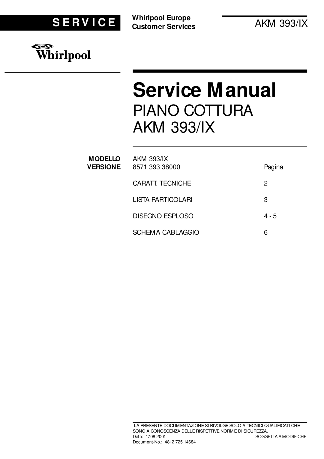 Whirlpool AKM 393 IX service manual Piano Cottura, Modello 