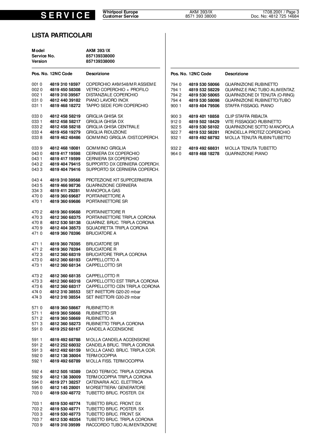 Whirlpool AKM 393 IX service manual Lista Particolari, 964 0 4819 468 