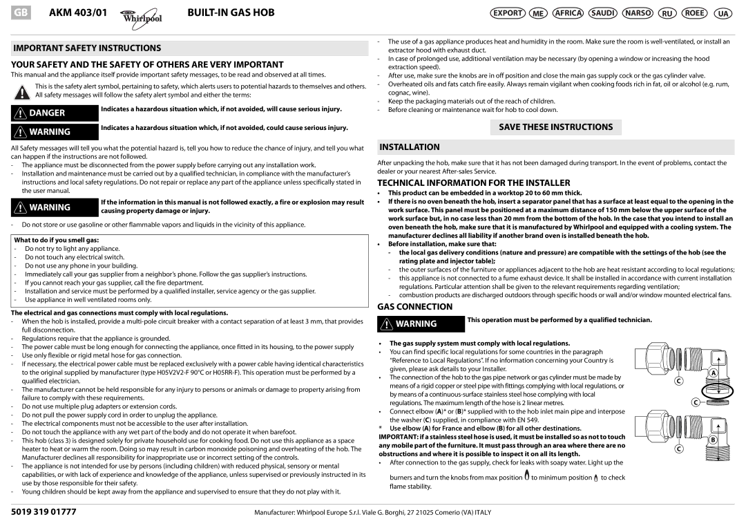 Whirlpool AKM 403/01 important safety instructions Built-In Gas Hob, Installation, Technical Information for the Installer 