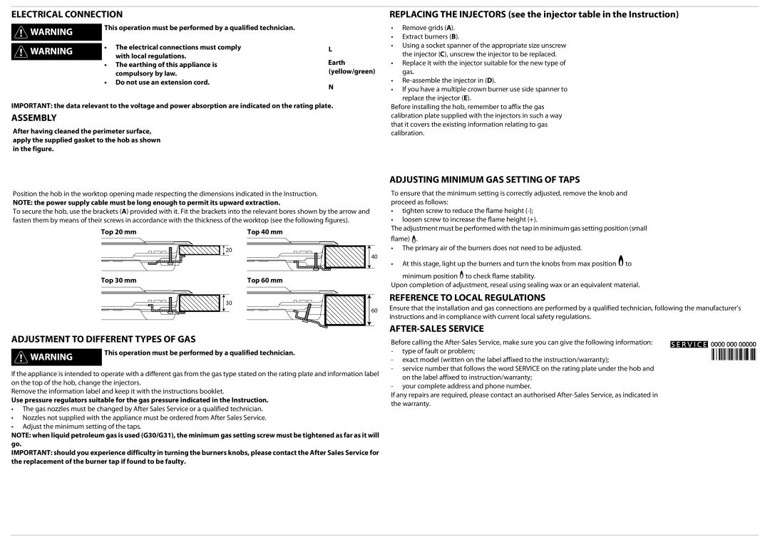 Whirlpool AKM 403/01 Electrical Connection, Assembly, Adjustment to Different Types of GAS, Reference to Local Regulations 