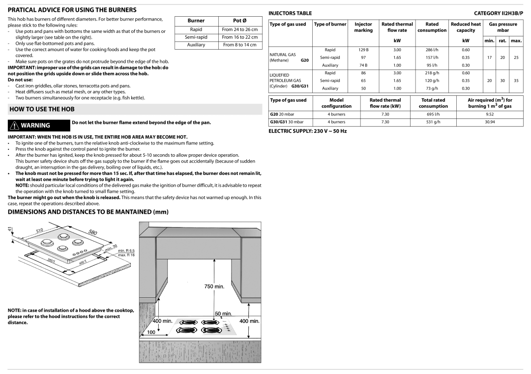 Whirlpool AKM 403/01 important safety instructions Pratical Advice for Using the Burners, HOW to USE the HOB, Burner Pot Ø 