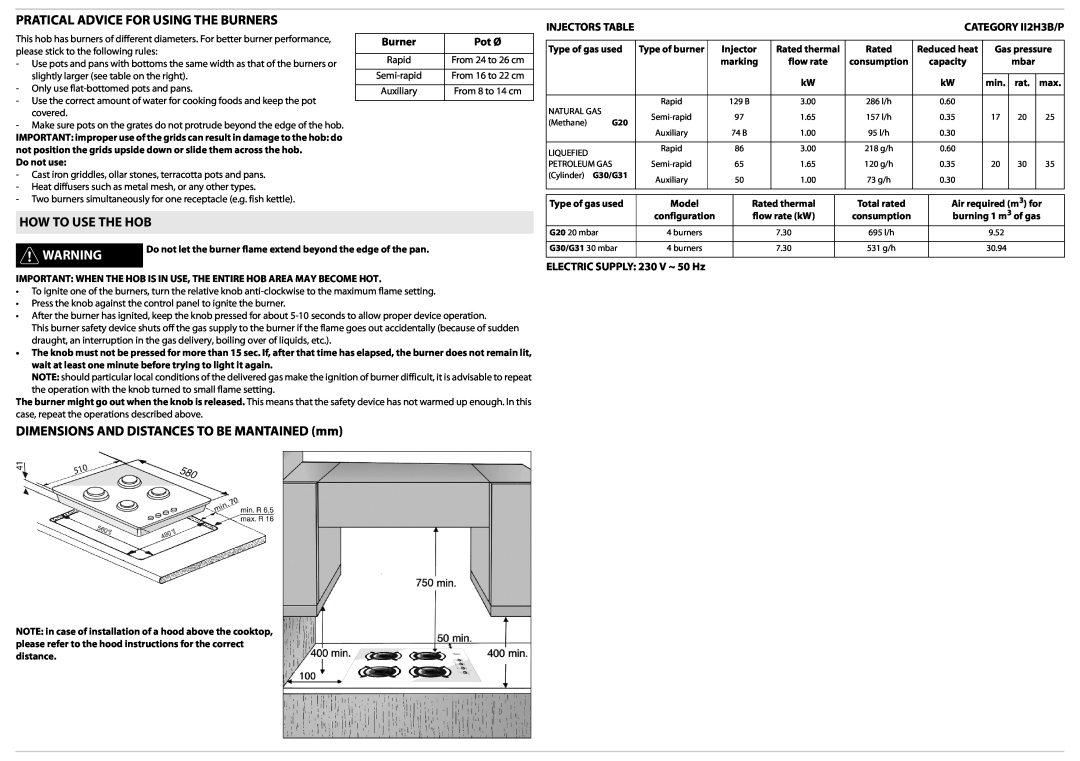Whirlpool AKM 403/01 Pratical Advice For Using The Burners, How To Use The Hob, Pot Ø, ELECTRIC SUPPLY: 230 V ~ 50 Hz 