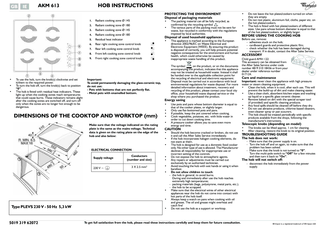 Whirlpool AKM 613 dimensions Before Using the Cooking HOB, Accessory, Troubleshooting Guide 