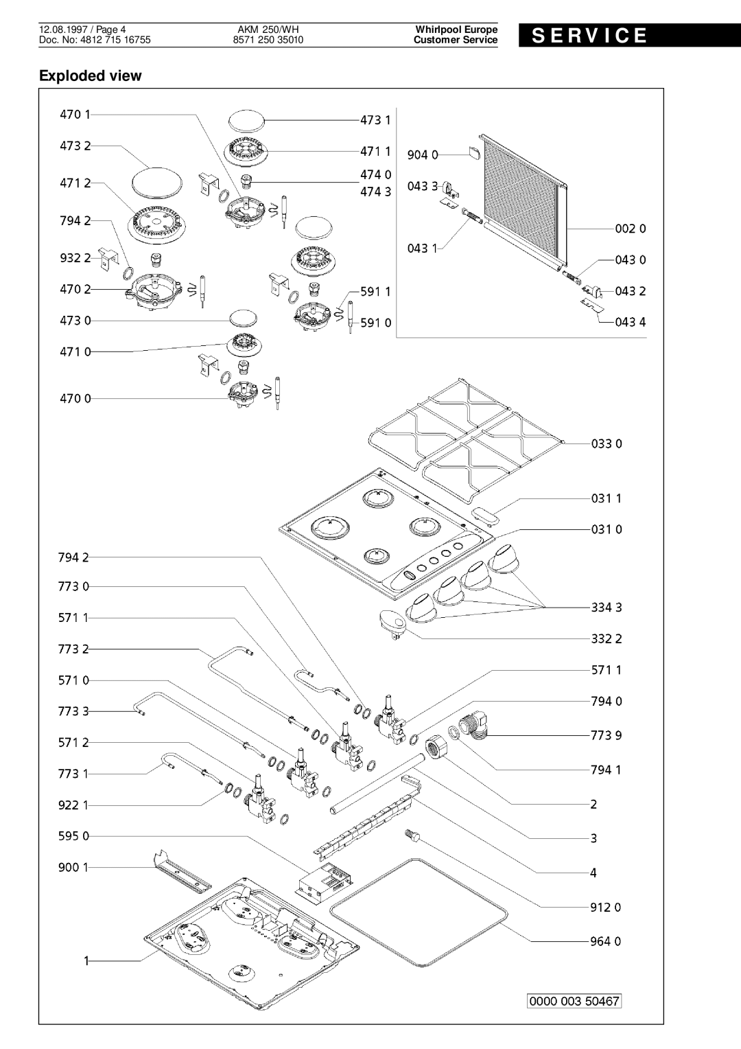 Whirlpool AKM 250 WH service manual Exploded view, S E R V I C E, Whirlpool Europe, Customer Service 