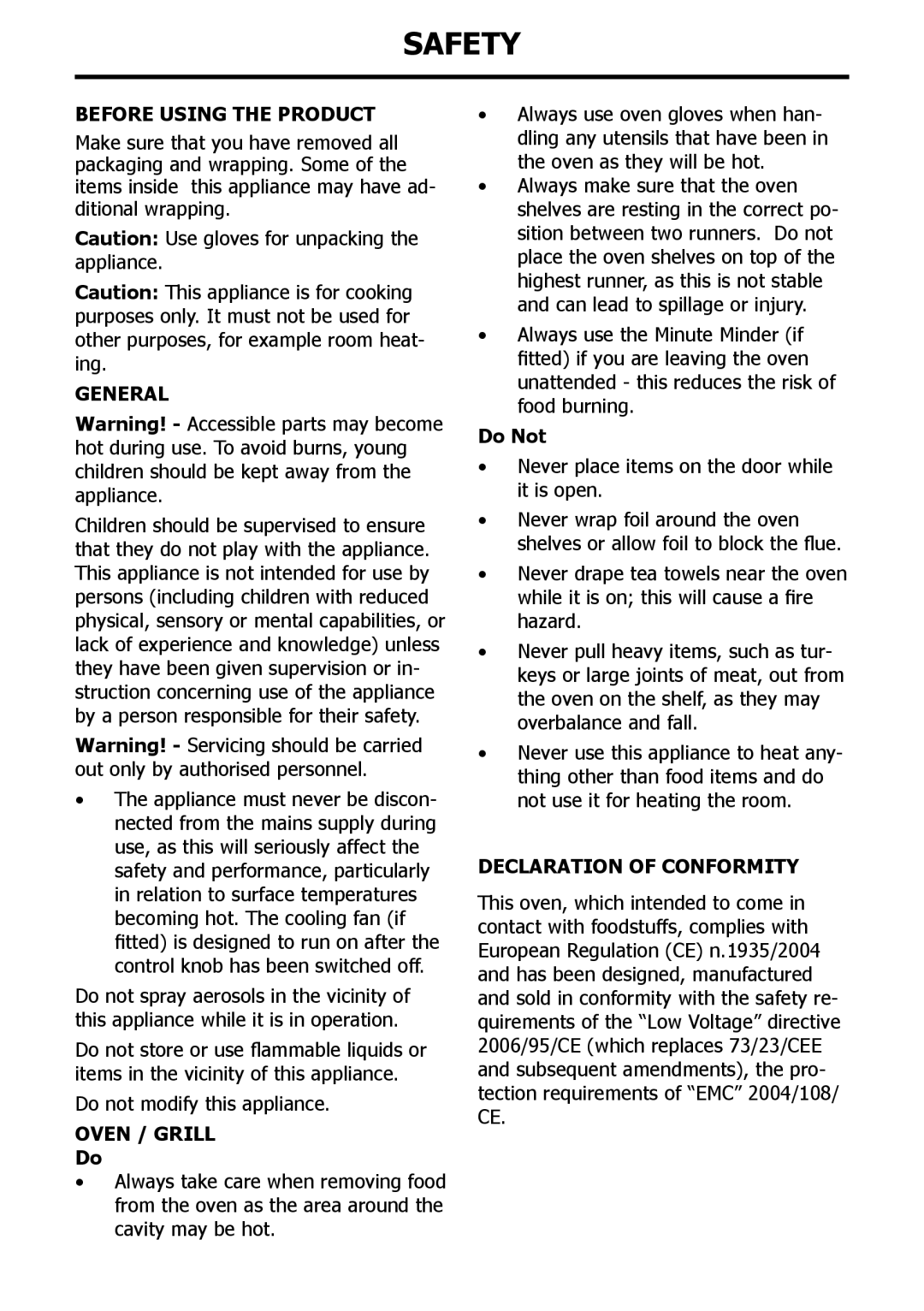 Whirlpool AKP 161, AKP 801, AKZ 162, AKP 803, AKZ 517 manual Safety, Declaration of Conformity 