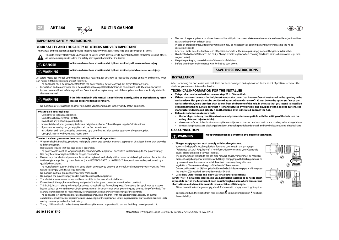 Whirlpool AKT 466 important safety instructions Built-In Gas Hob, Installation, Technical Information for the Installer 