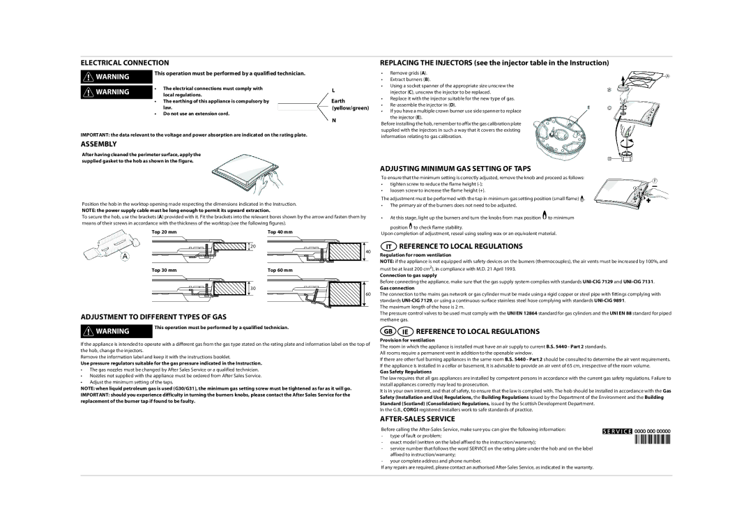 Whirlpool AKT 466 Electrical Connection, Assembly, Adjustment to Different Types of GAS, Reference to Local Regulations 