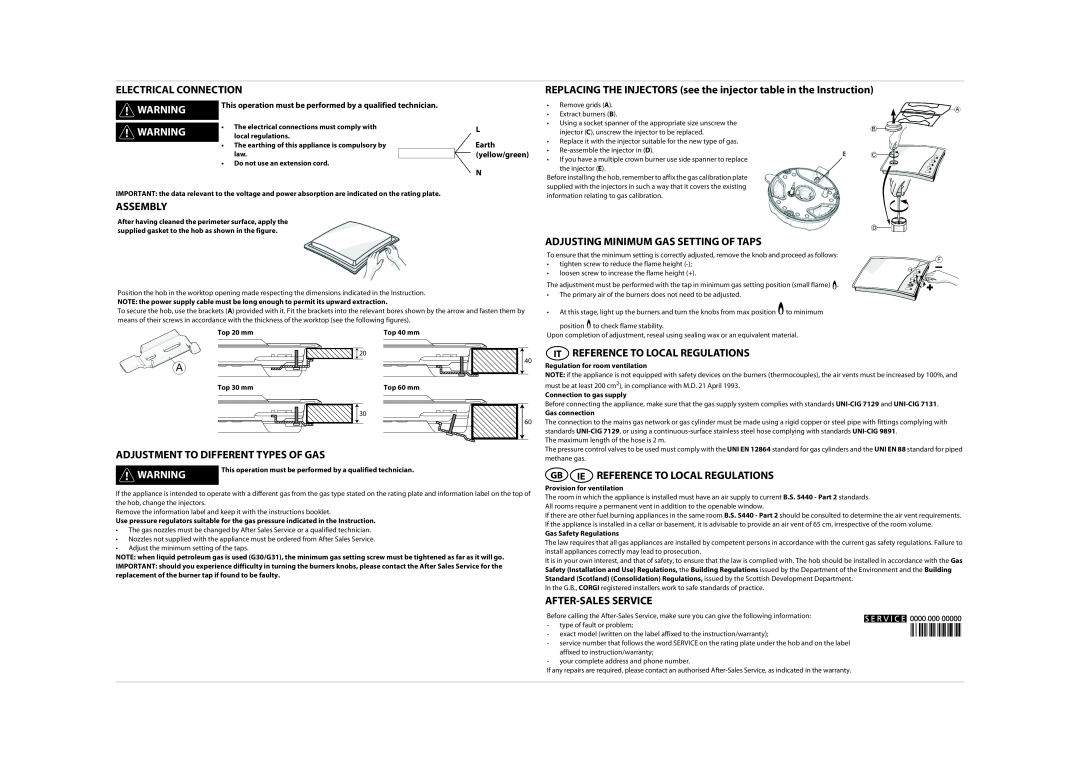 Whirlpool AKT 466 Electrical Connection, Assembly, Adjustment To Different Types Of Gas, Reference To Local Regulations 