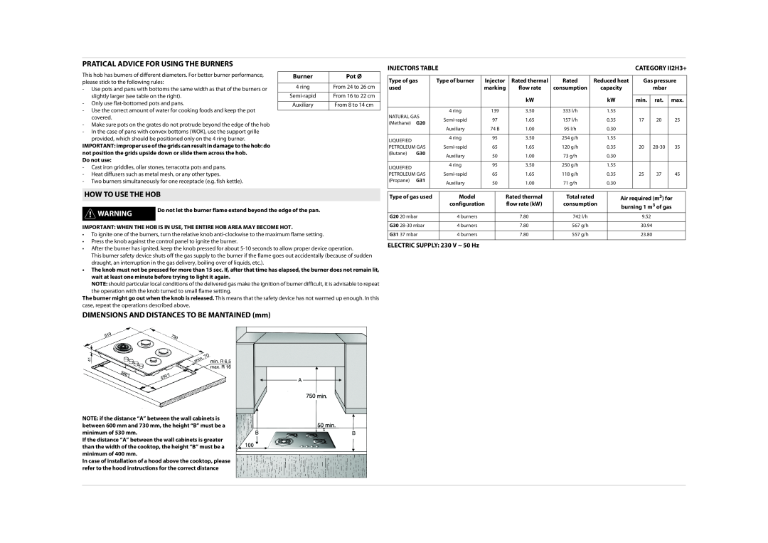 Whirlpool AKT 466 Pratical Advice For Using The Burners, How To Use The Hob, DIMENSIONS AND DISTANCES TO BE MANTAINED mm 