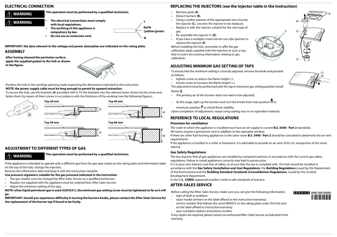 Whirlpool AKT 680 Electrical Connection, Assembly, Adjustment to Different Types of GAS, Reference to Local Regulations 