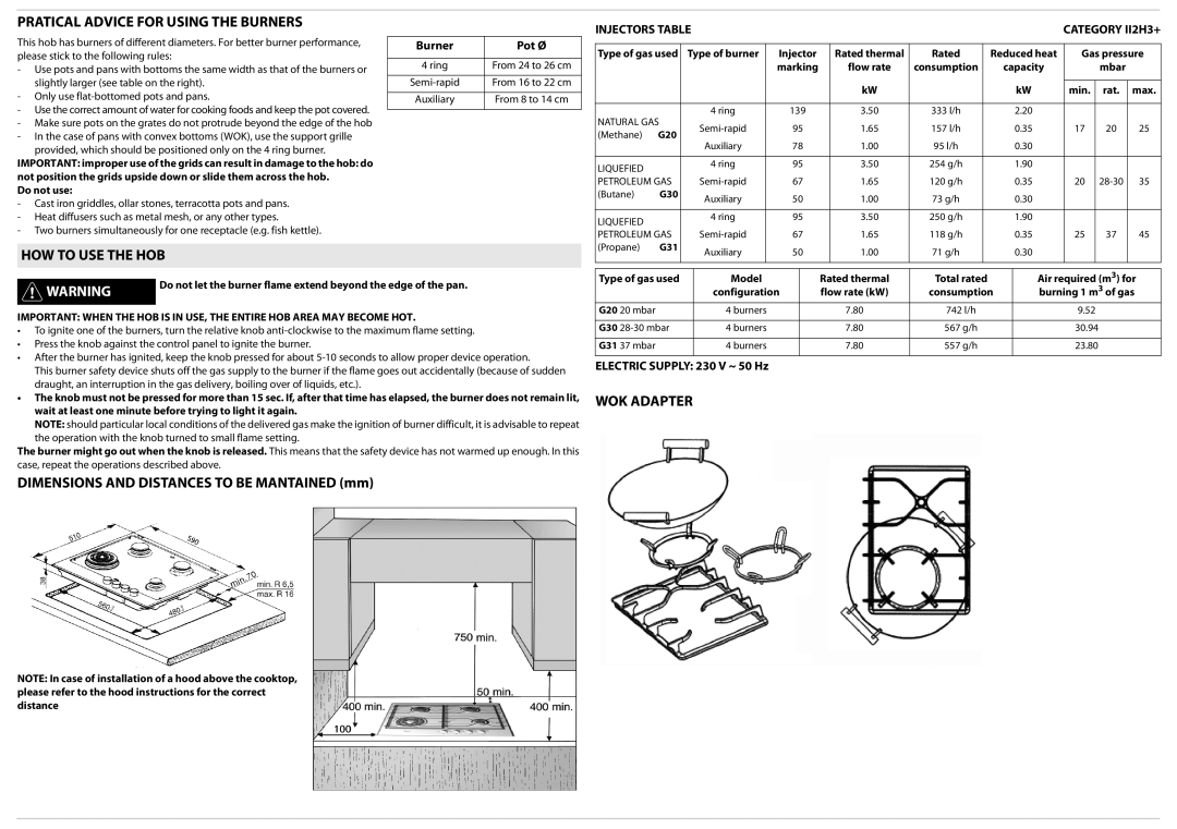 Whirlpool AKT 680 Pratical Advice for Using the Burners, HOW to USE the HOB, WOK Adapter, Burner Pot Ø 