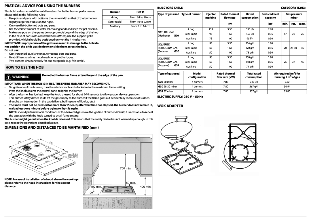 Whirlpool AKT 680 Pratical Advice For Using The Burners, How To Use The Hob, DIMENSIONS AND DISTANCES TO BE MANTAINED mm 