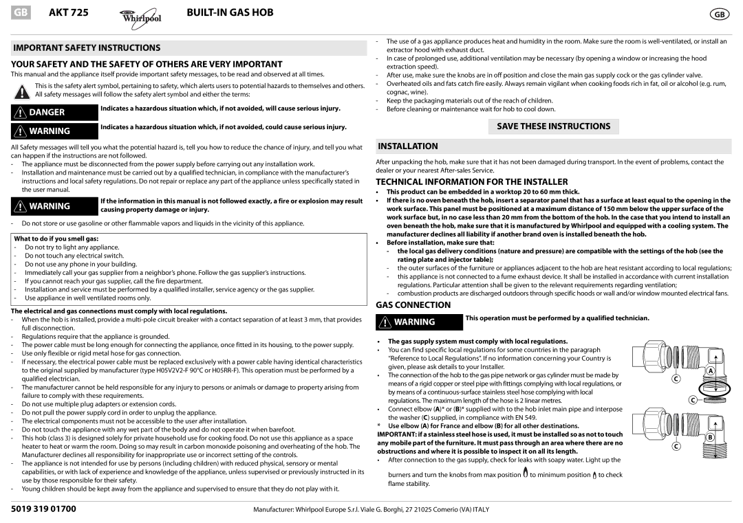 Whirlpool AKT 725 important safety instructions Built-In Gas Hob, Installation, Technical Information for the Installer 