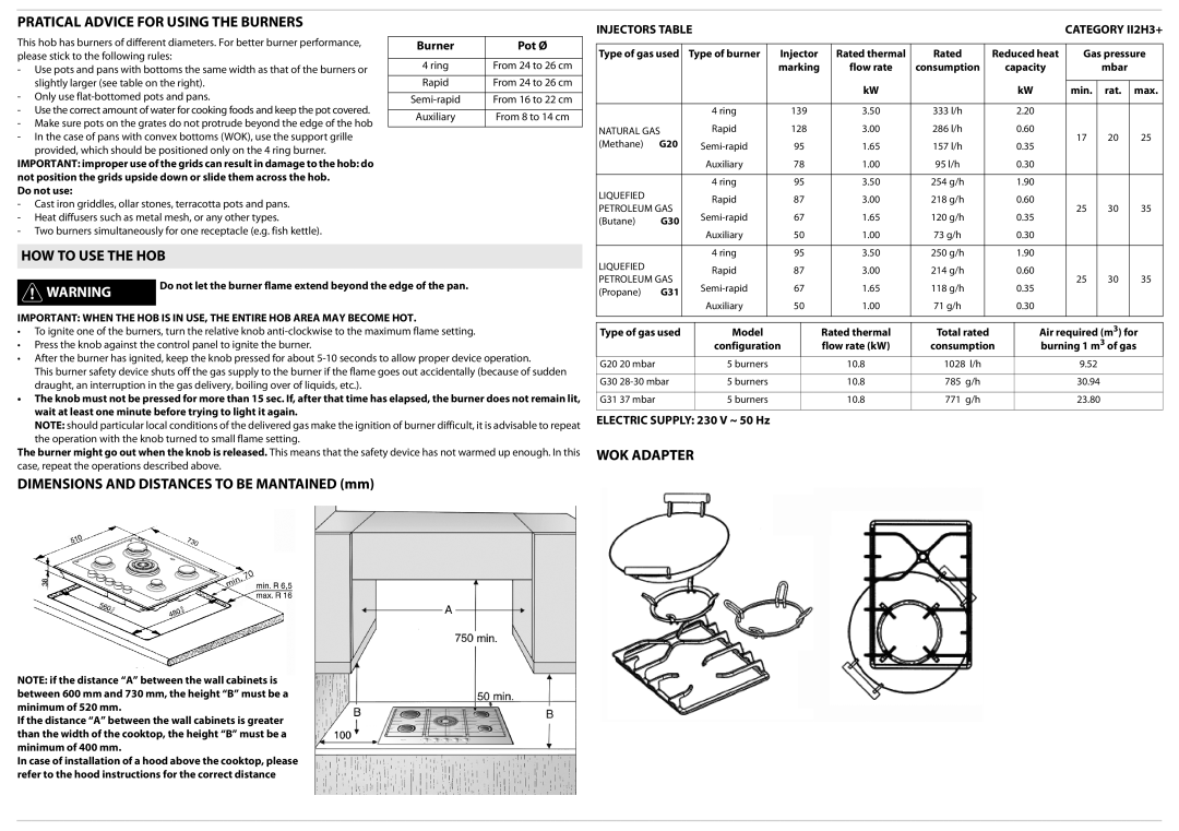 Whirlpool AKT 725 Pratical Advice for Using the Burners, HOW to USE the HOB, WOK Adapter, Burner Pot Ø 