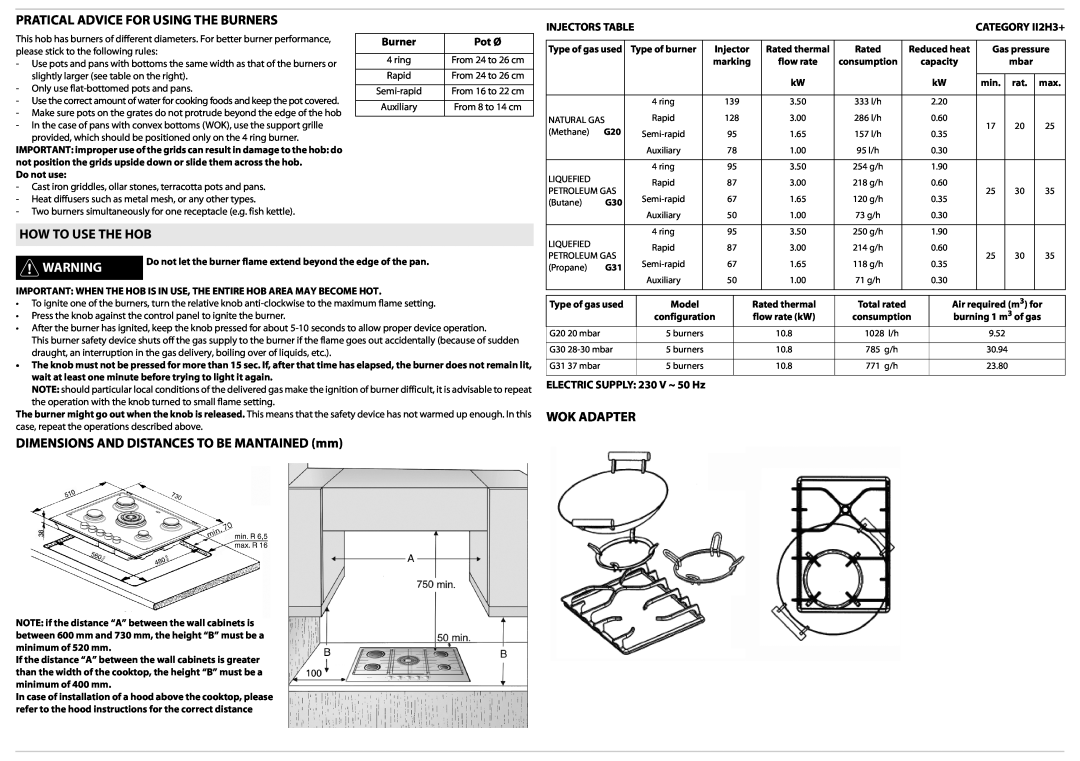 Whirlpool AKT 725 Pratical Advice For Using The Burners, How To Use The Hob, DIMENSIONS AND DISTANCES TO BE MANTAINED mm 