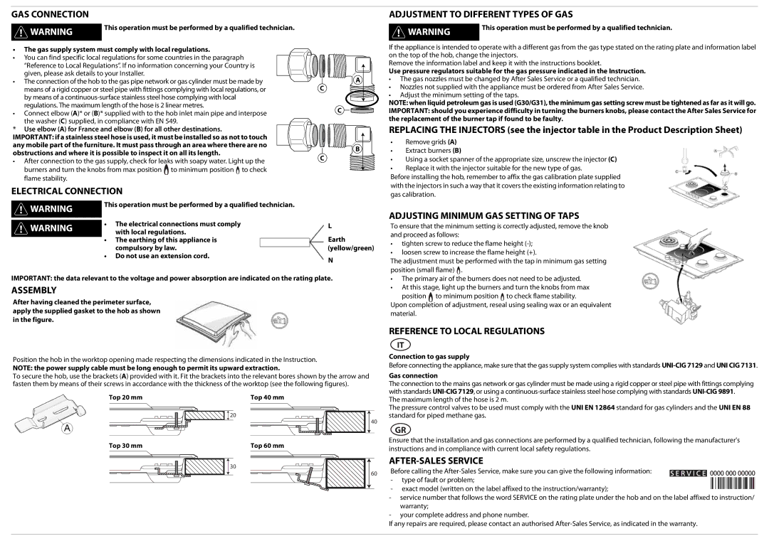 Whirlpool AKT 759 user manual GAS Connection, Adjustment to Different Types of GAS, Electrical Connection, Assembly 