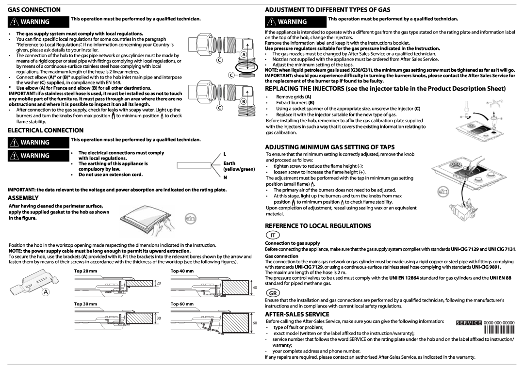 Whirlpool AKT 759 user manual Gas Connection, Adjustment To Different Types Of Gas, Electrical Connection, Assembly 