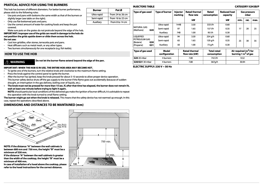 Whirlpool AKT464 Pratical Advice For Using The Burners, How To Use The Hob, DIMENSIONS AND DISTANCES TO BE MANTAINED mm 