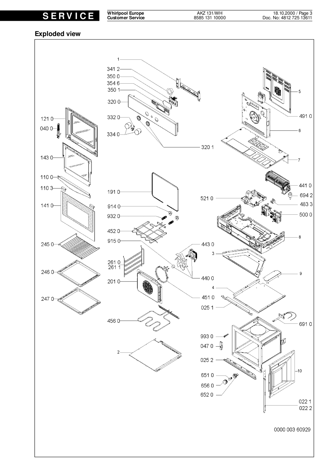 Whirlpool AKZ 131 WH Exploded view, S E R V I C E, Whirlpool Europe, 18.10.2000 / Page, Customer Service, 8585, AKZ 131/WH 