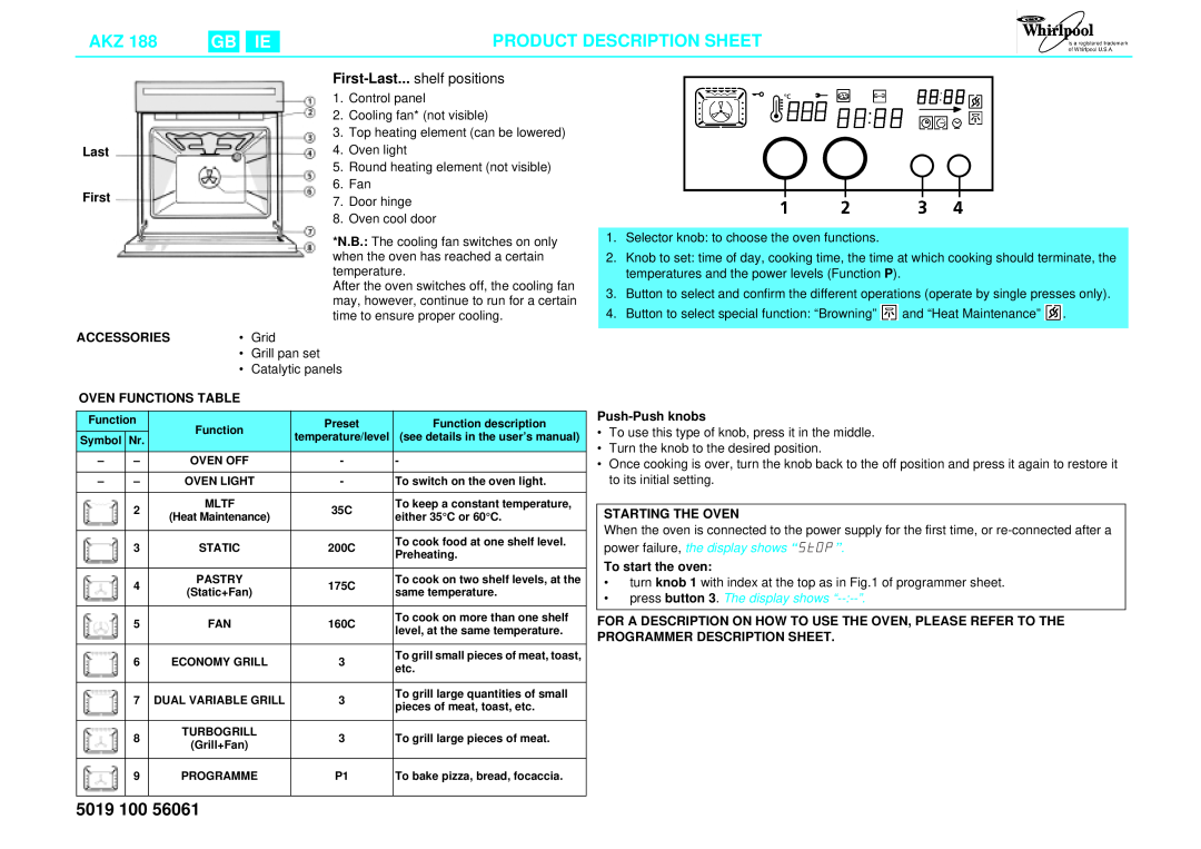 Whirlpool AKZ 188 user manual 5019, Product Description Sheet, First-Last... shelf positions, Accessories, Push-Push knobs 