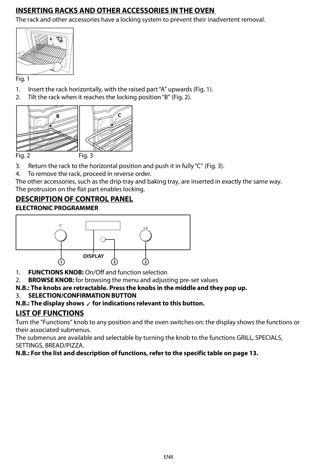 Whirlpool AKZ 561 manual Inserting Racks and Other Accessories in the Oven, Description of Control Panel, List of Functions 