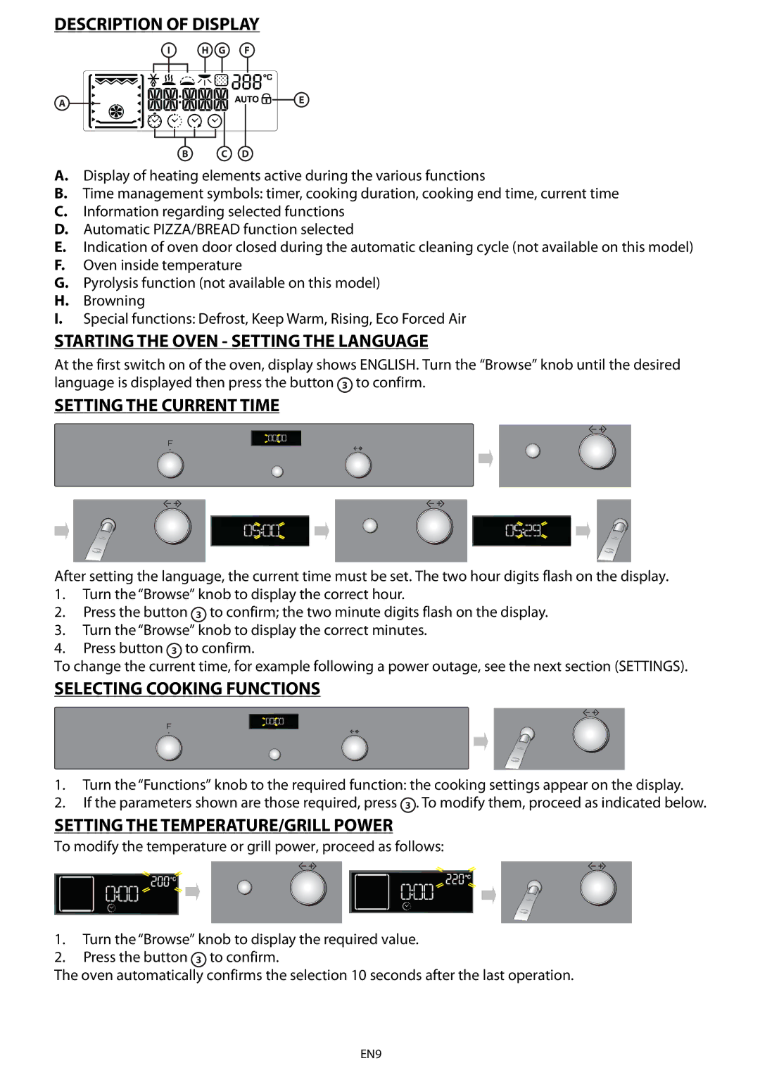 Whirlpool AKZ 561 manual Description of Display, Starting the Oven Setting the Language, Setting the Current Time 