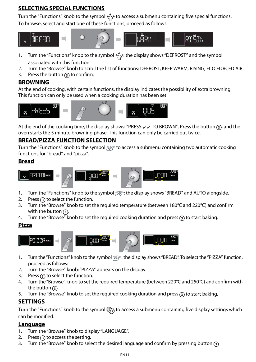 Whirlpool AKZ 561 manual Selecting Special Functions, Browning, BREAD/PIZZA Function Selection, Settings 