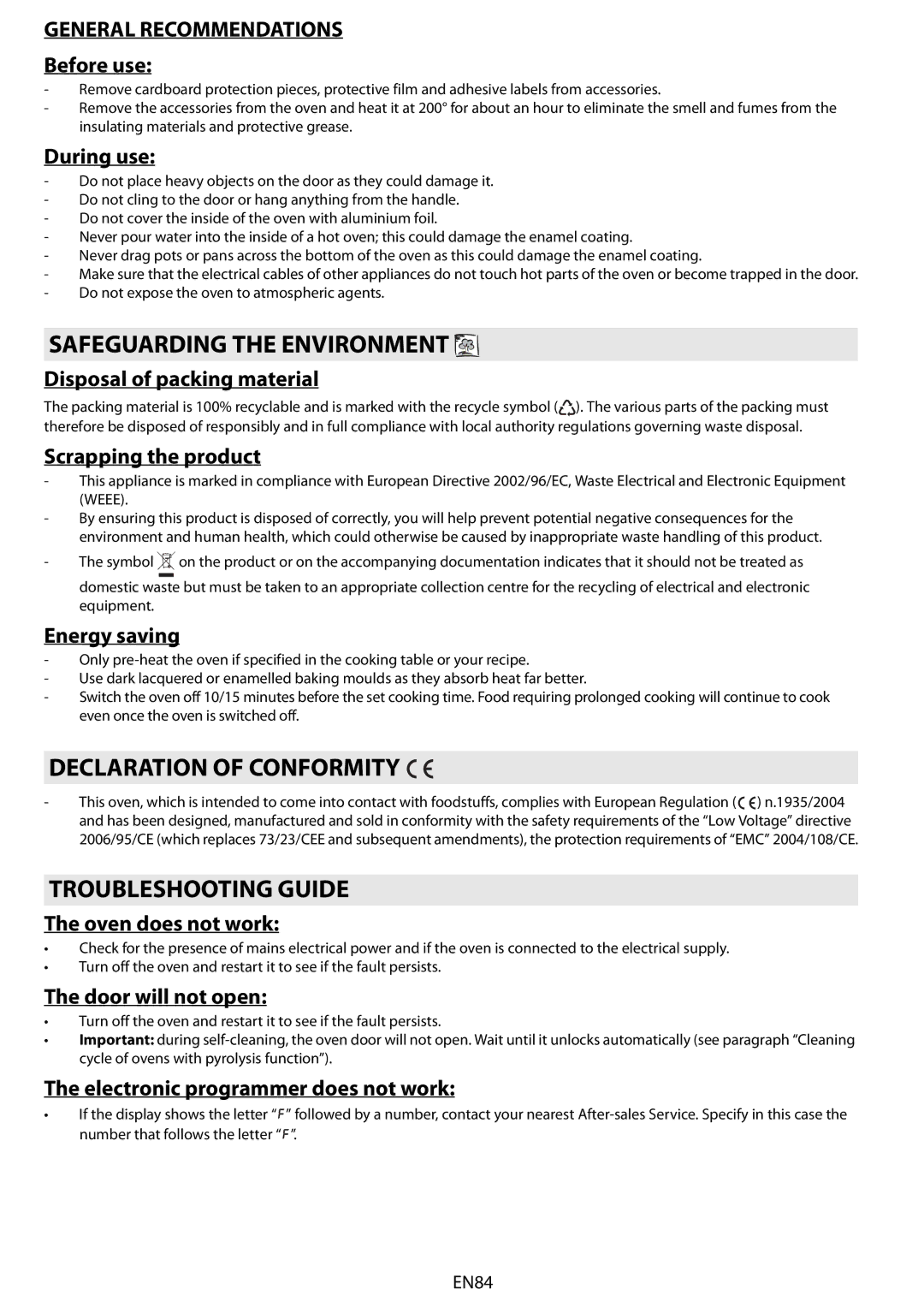 Whirlpool AKZ 561 Safeguarding the Environment, Declaration of Conformity, Troubleshooting Guide, General Recommendations 