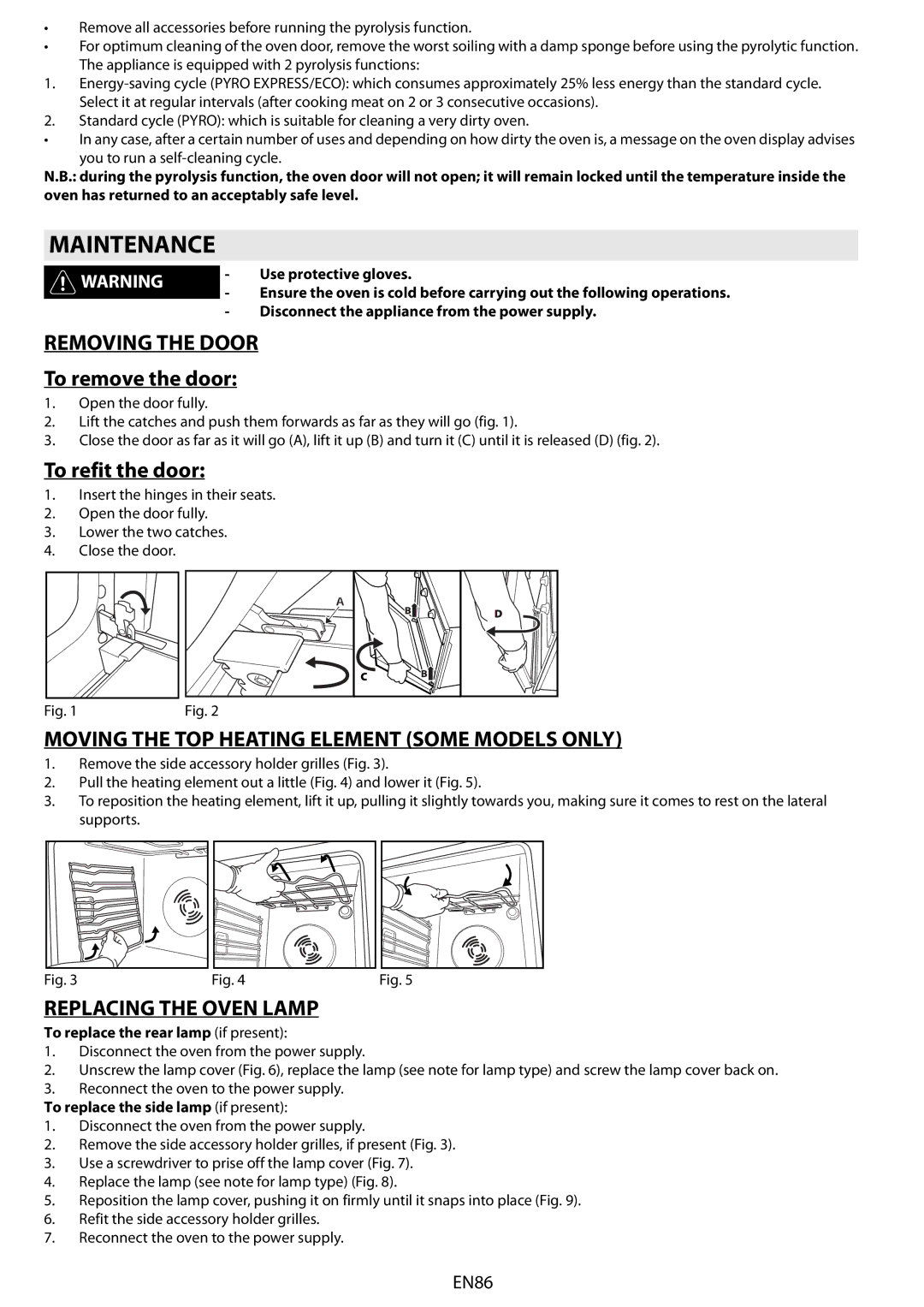 Whirlpool AKZ 561 Maintenance, Removing the Door, Moving the TOP Heating Element Some Models only, Replacing the Oven Lamp 