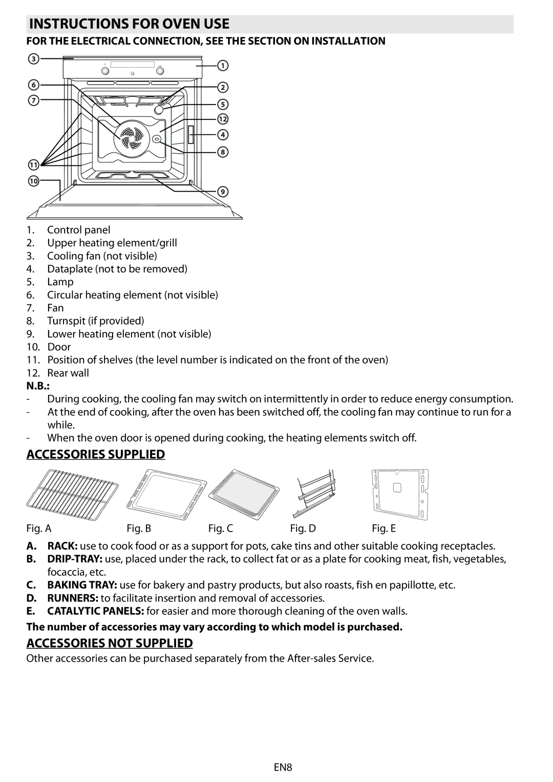 Whirlpool AKZ 561 manual Instructions for Oven USE, Accessories Supplied, Accessories not Supplied 