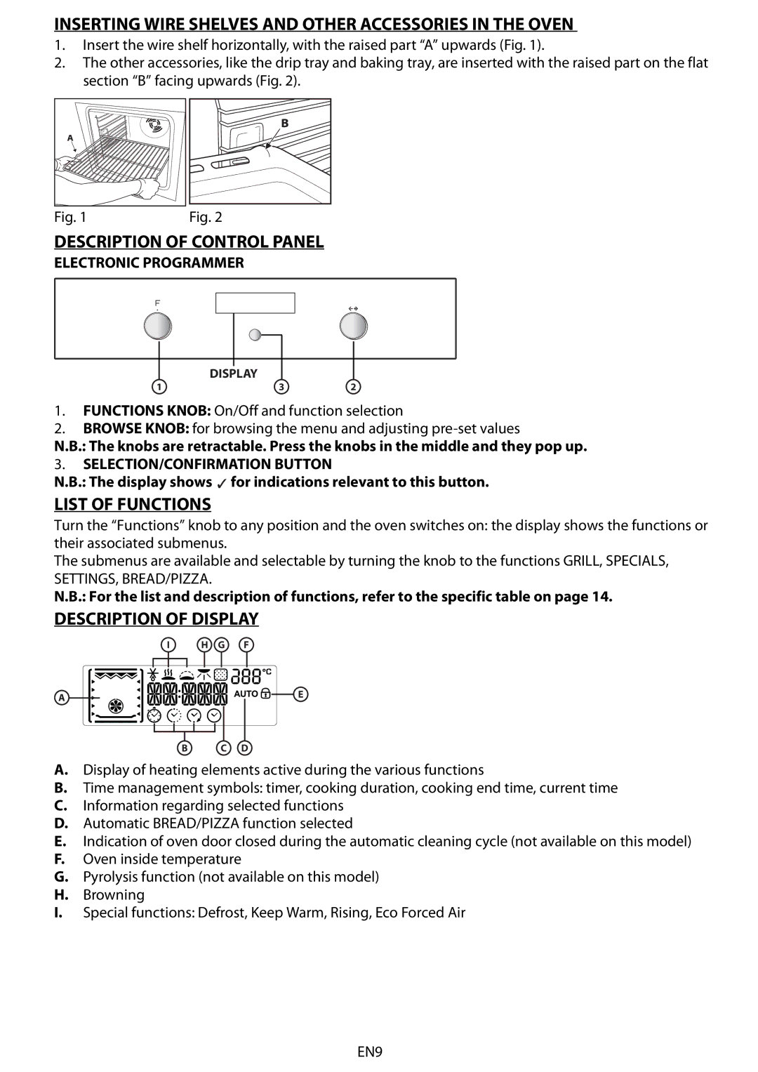 Whirlpool AKZ 561 manual Inserting Wire Shelves and Other Accessories in the Oven, Description of Control Panel 