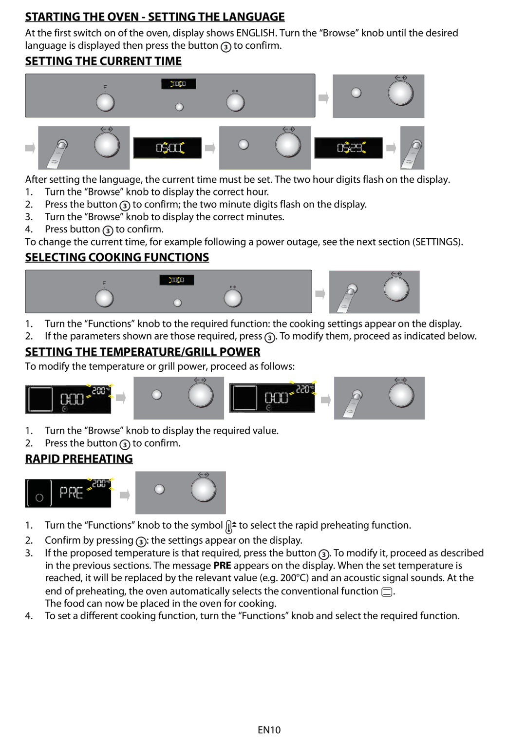 Whirlpool AKZ 561 manual Starting the Oven Setting the Language, Setting the Current Time, Selecting Cooking Functions 