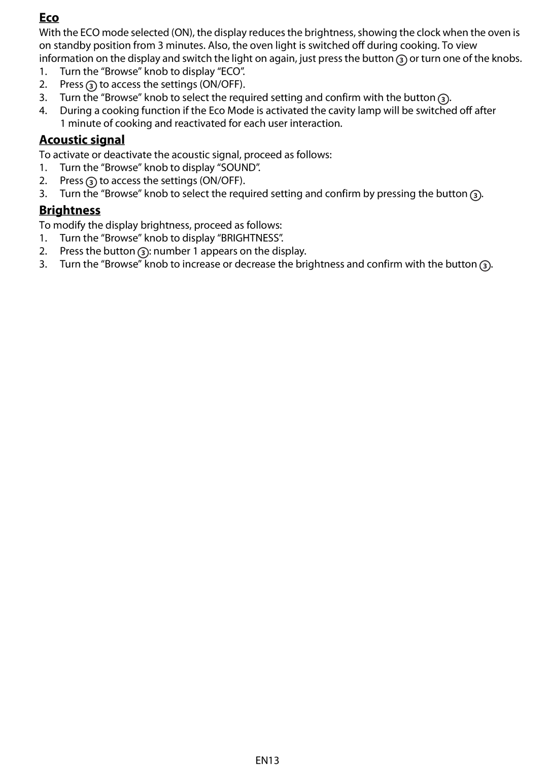 Whirlpool AKZ 561 manual Eco, Acoustic signal, Brightness 