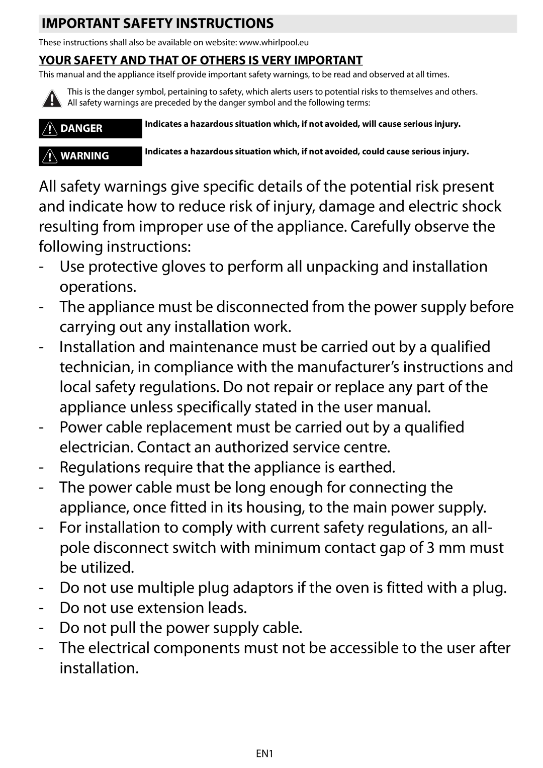 Whirlpool AKZ 561 manual Important Safety Instructions, Your Safety and That of Others is Very Important 