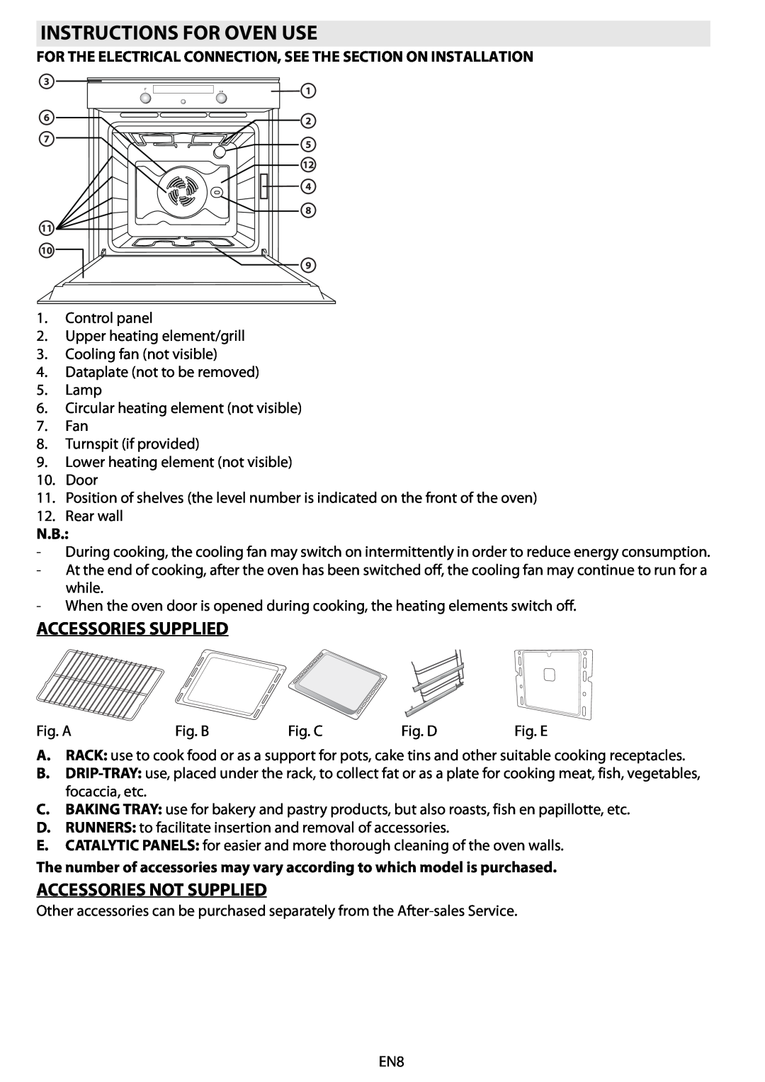 Whirlpool AKZ 561 manual Instructions For Oven Use, Accessories Supplied, Accessories Not Supplied 