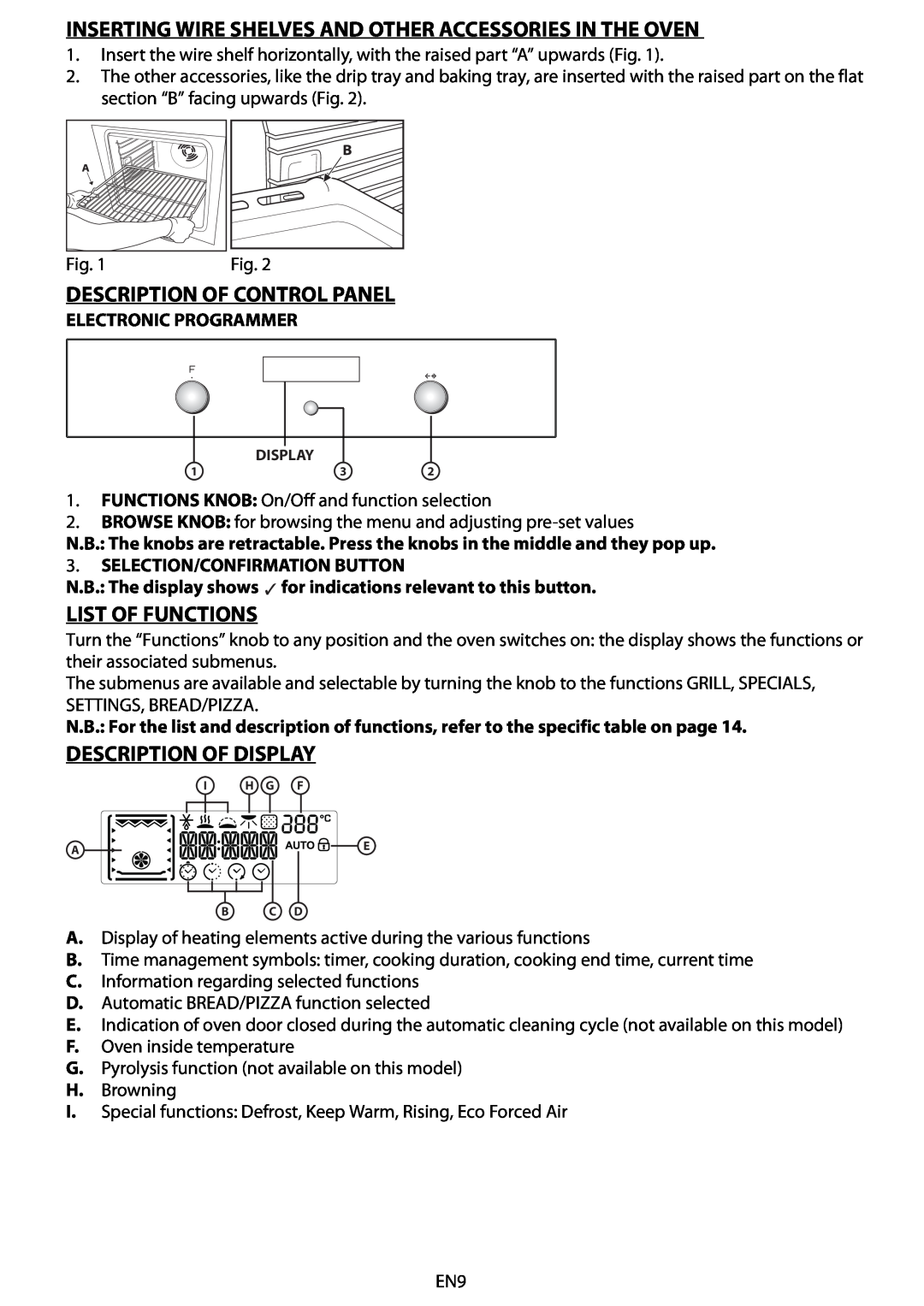 Whirlpool AKZ 561 manual Inserting Wire Shelves And Other Accessories In The Oven, Description Of Control Panel 