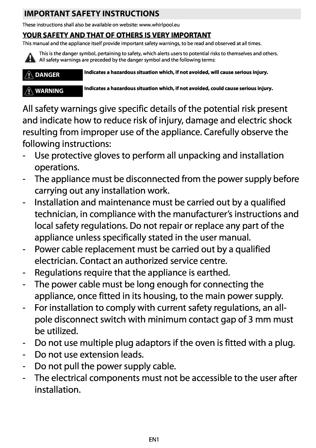 Whirlpool AKZ 561 manual Regulations require that the appliance is earthed 