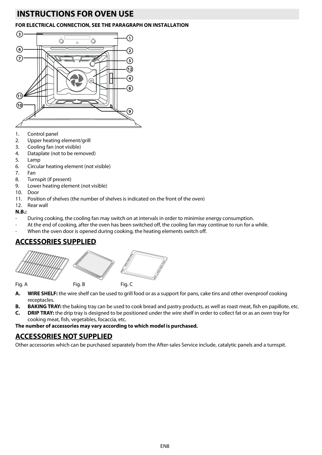 Whirlpool AKZ 562 manual Instructions for Oven USE, Accessories Supplied, Accessories not Supplied 