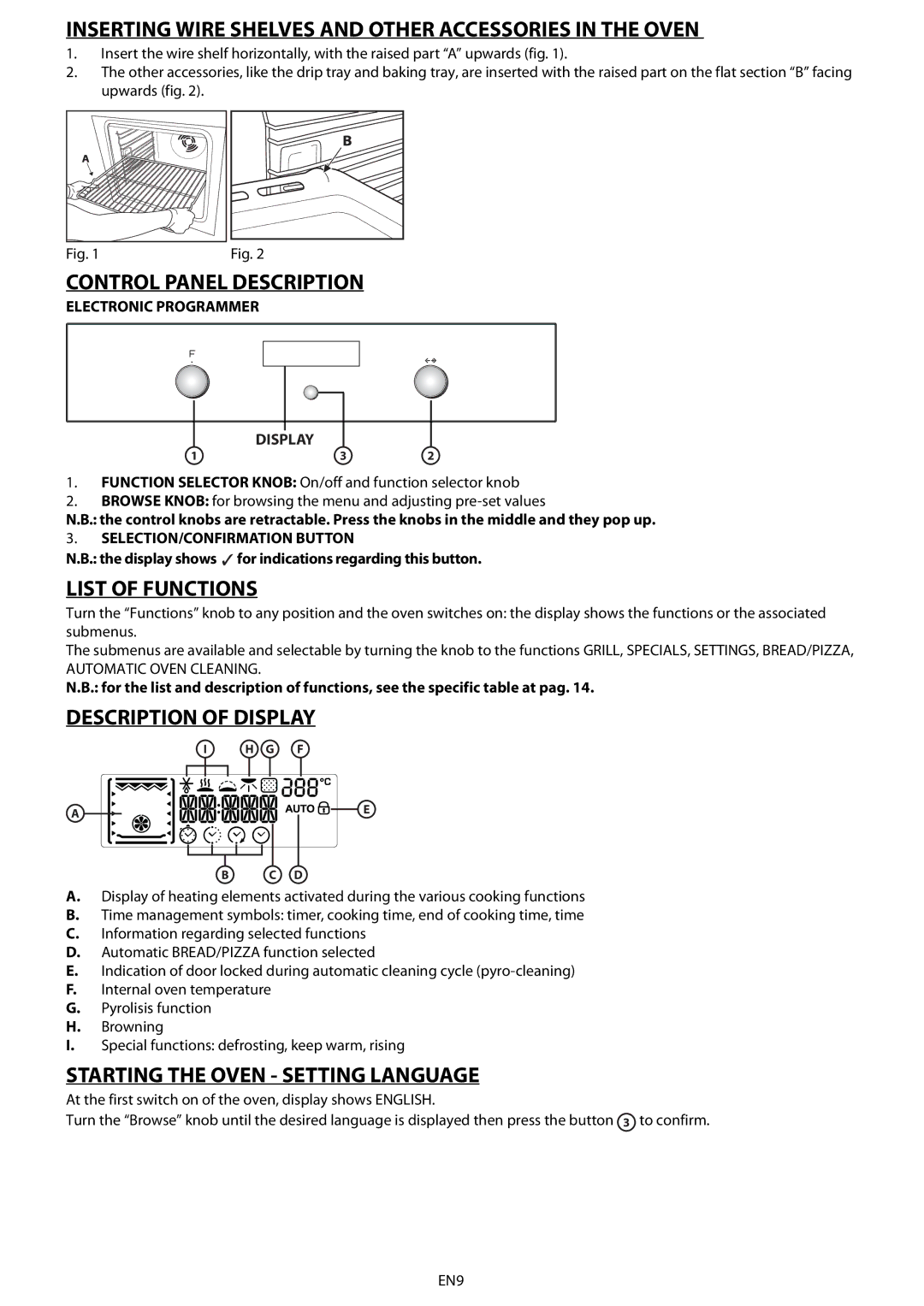 Whirlpool AKZ 562 Inserting Wire Shelves and Other Accessories in the Oven, Control Panel Description, List of Functions 