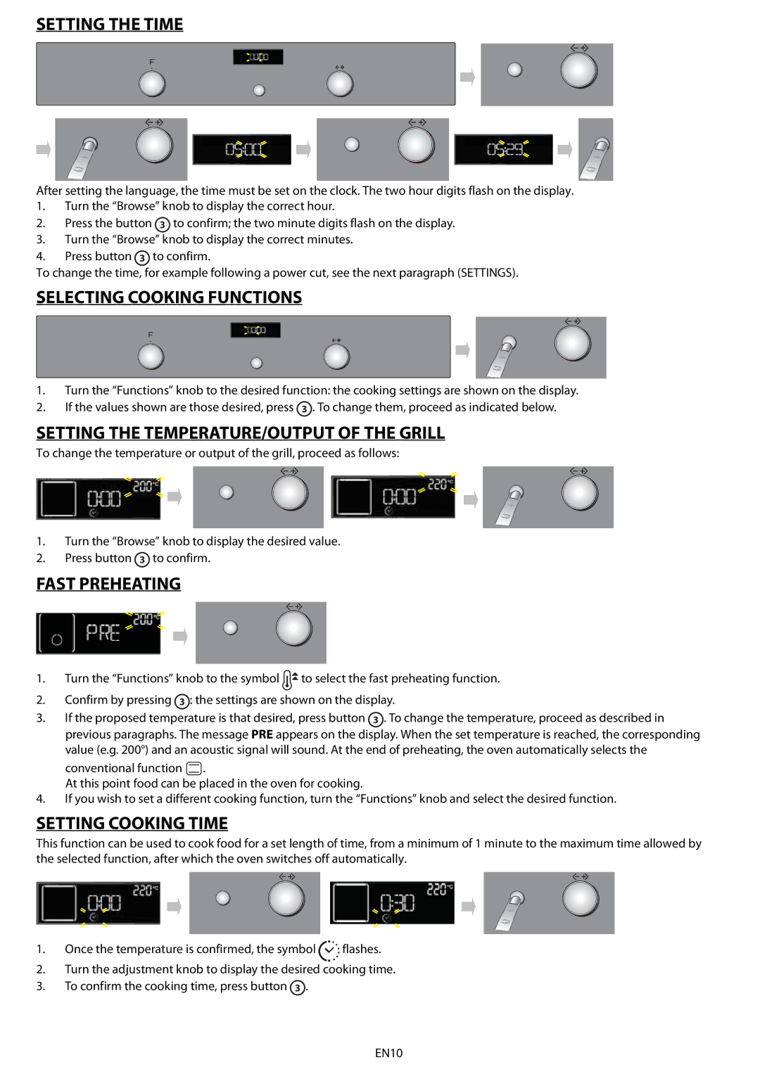 Whirlpool AKZ 562 manual Setting the Time, Selecting Cooking Functions, Setting the TEMPERATURE/OUTPUT of the Grill 