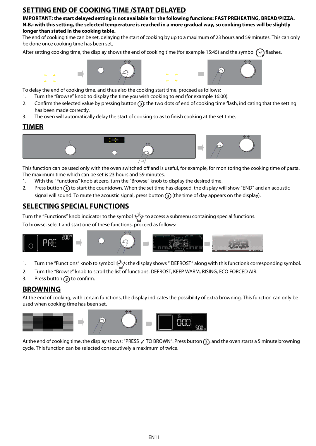 Whirlpool AKZ 562 manual Setting END of Cooking Time /START Delayed, Timer, Selecting Special Functions, Browning 