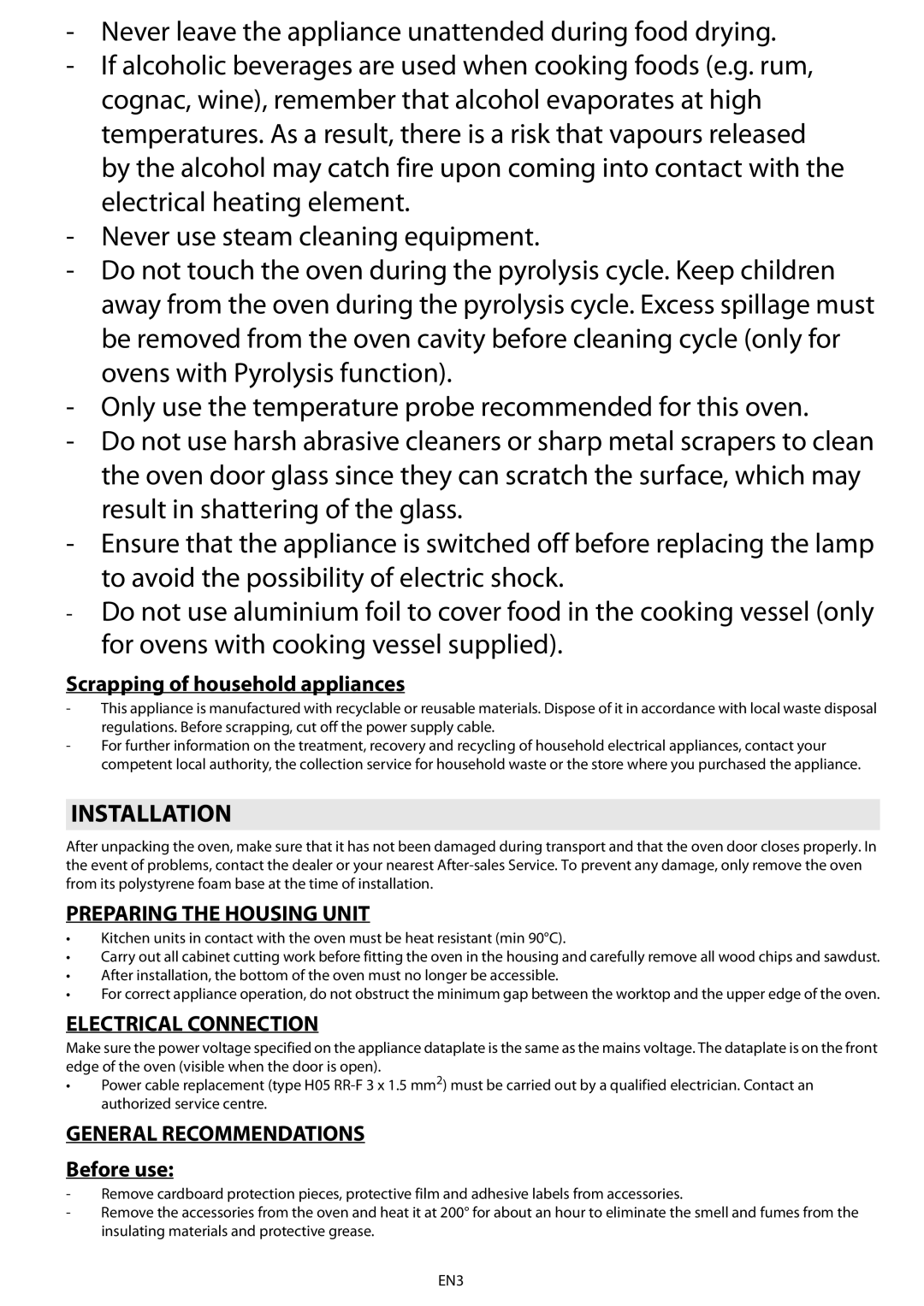 Whirlpool AKZ 562 manual Installation, Preparing the Housing Unit, Electrical Connection, General Recommendations 