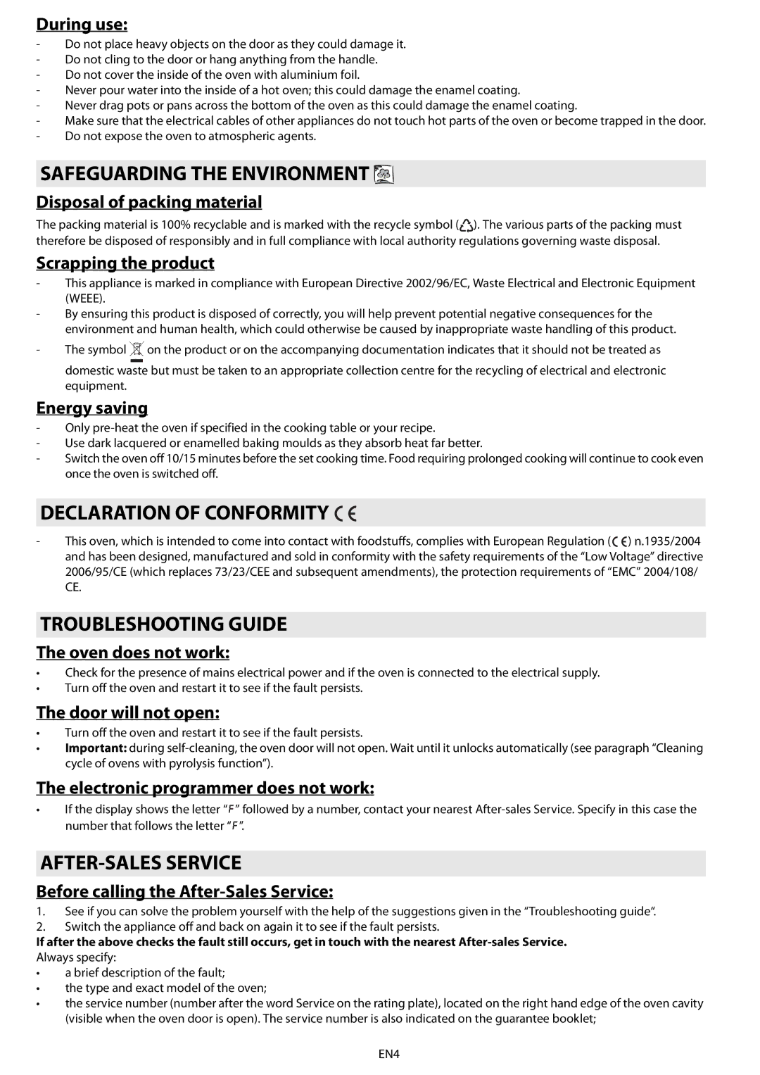 Whirlpool AKZ 562 Safeguarding the Environment, Declaration of Conformity, Troubleshooting Guide, AFTER-SALES Service 