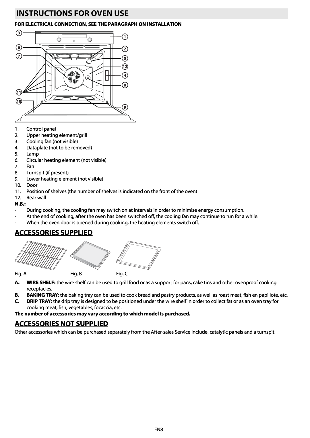 Whirlpool AKZ 562 manual Instructions For Oven Use, Accessories Supplied, Accessories Not Supplied 