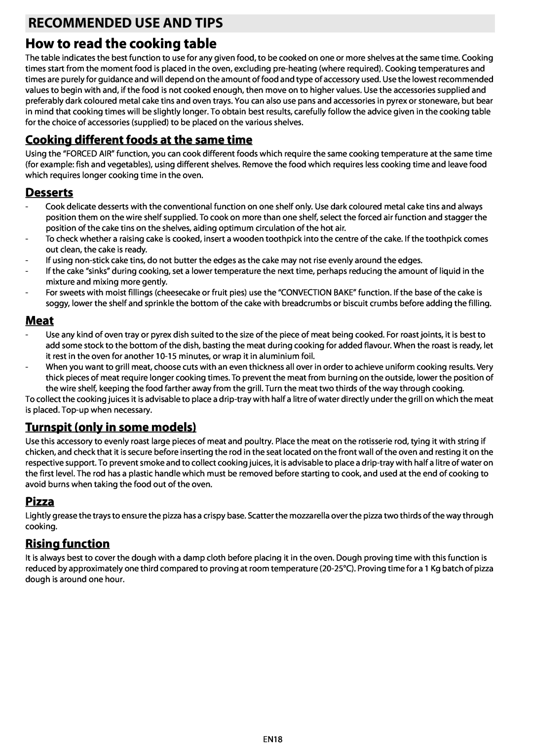 Whirlpool AKZ 562 RECOMMENDED USE AND TIPS How to read the cooking table, Cooking different foods at the same time, Meat 