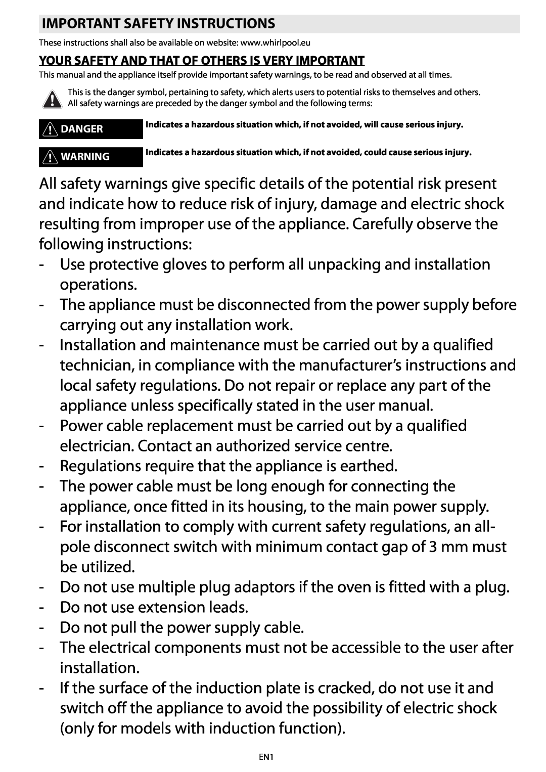 Whirlpool AKZ 562 manual Regulations require that the appliance is earthed 