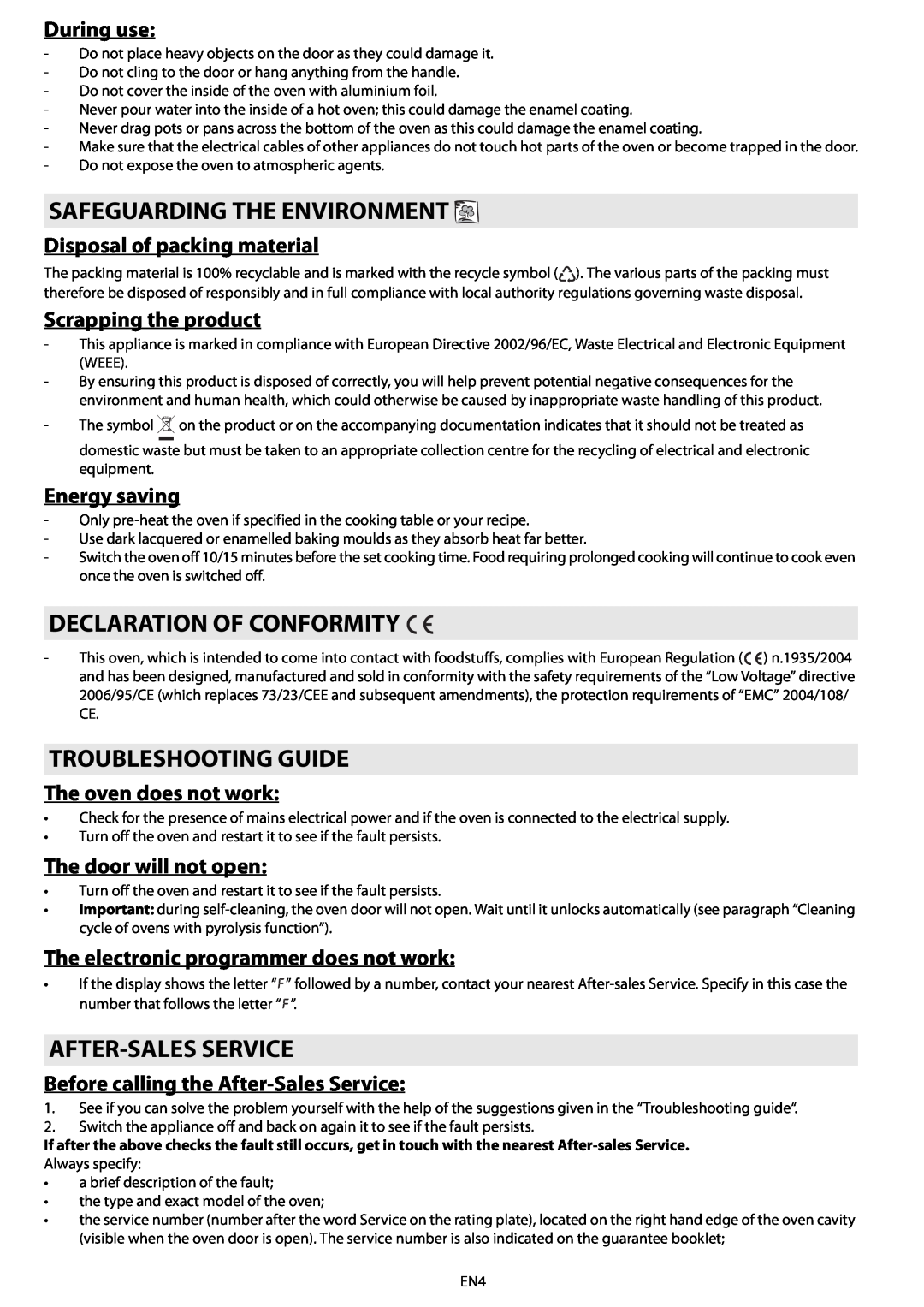 Whirlpool AKZ 562 Safeguarding The Environment, Declaration Of Conformity, Troubleshooting Guide, After-Sales Service 